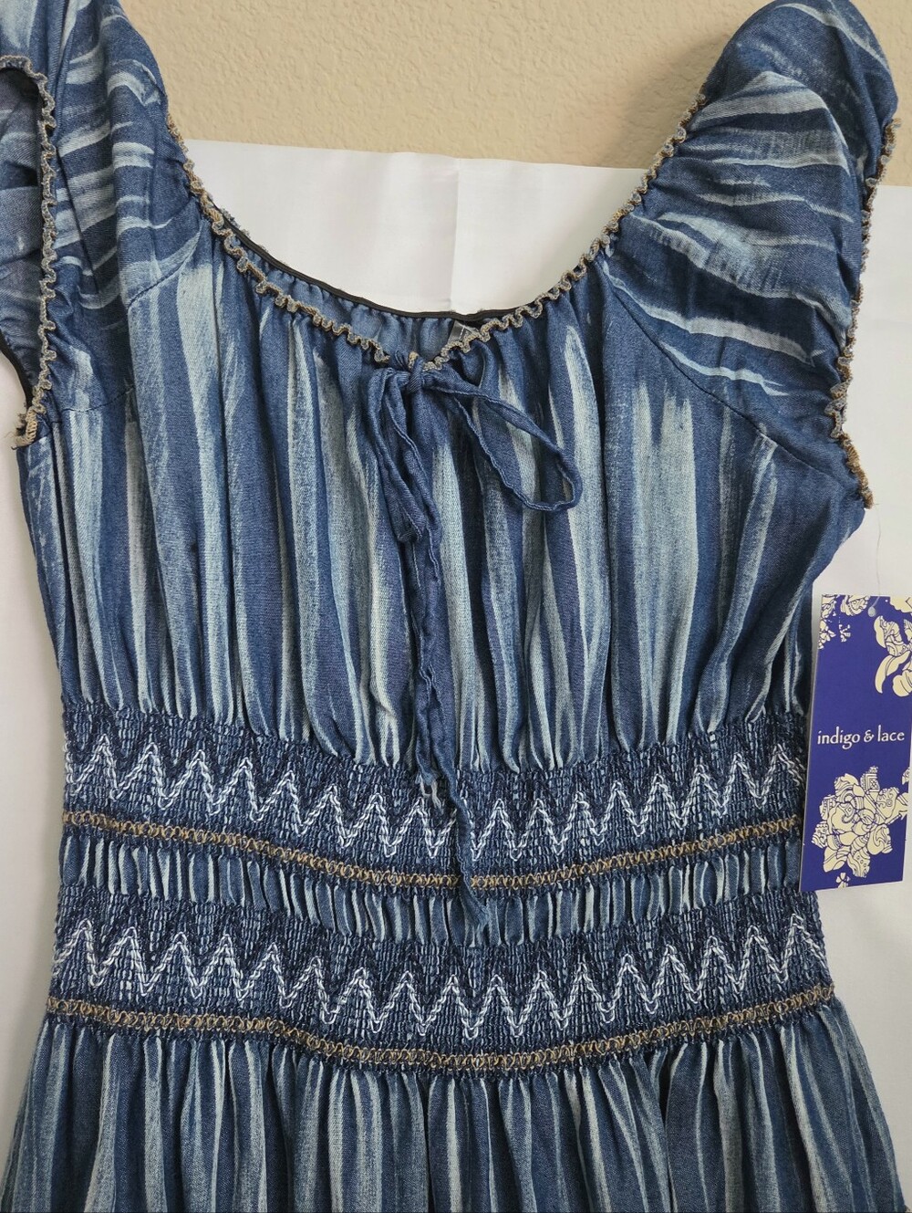 Indigo & Lace Women's Blue Smocked Waist Dress Flowing Feminine Finish  XL